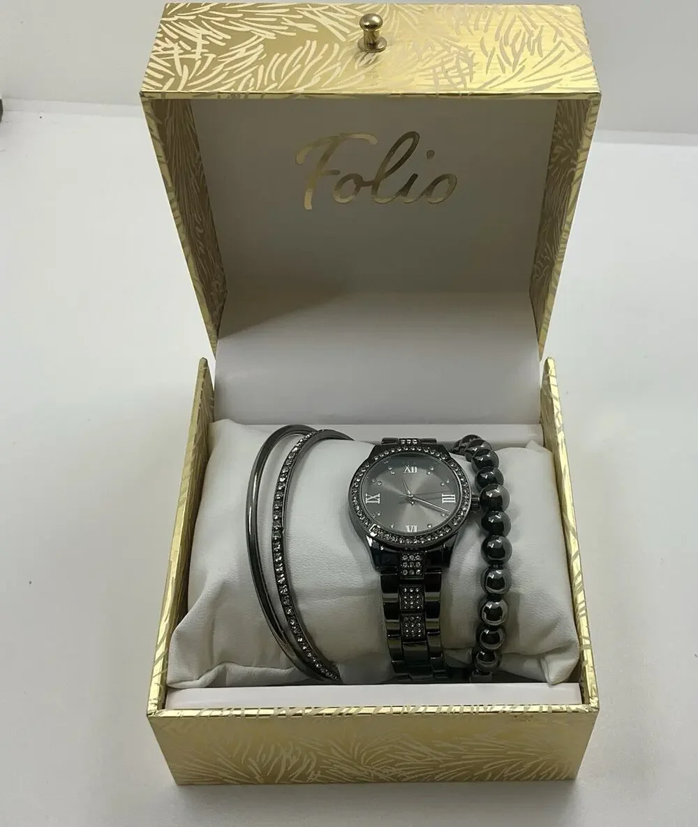Folio Women’s Silver Tone Quartz Wrist Watch & 3 Bracelet Boxed Gift Set NEW